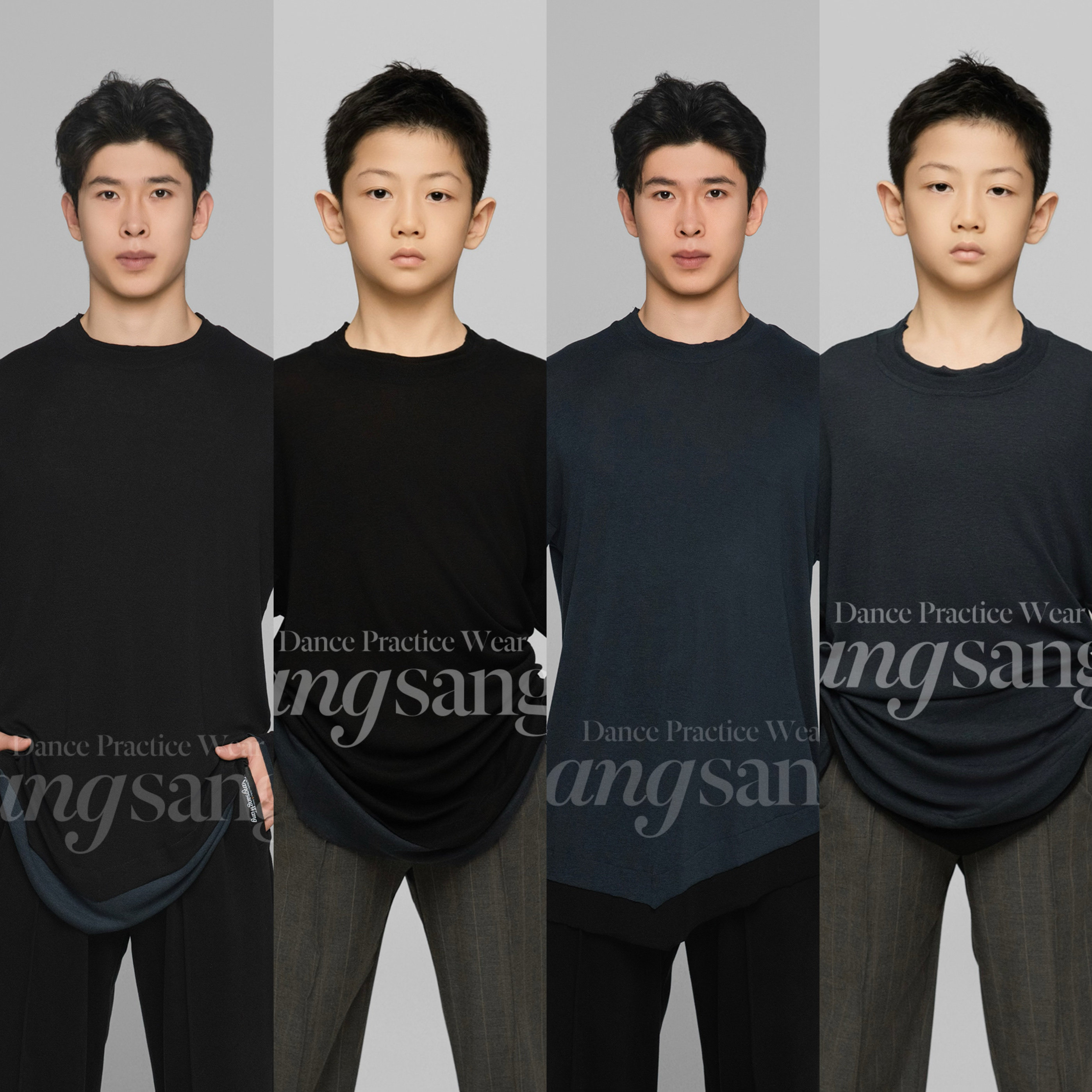 sswang舞服拉丁舞男士帅气男童长袖蓝黑拼接圆领上衣练功服百塔