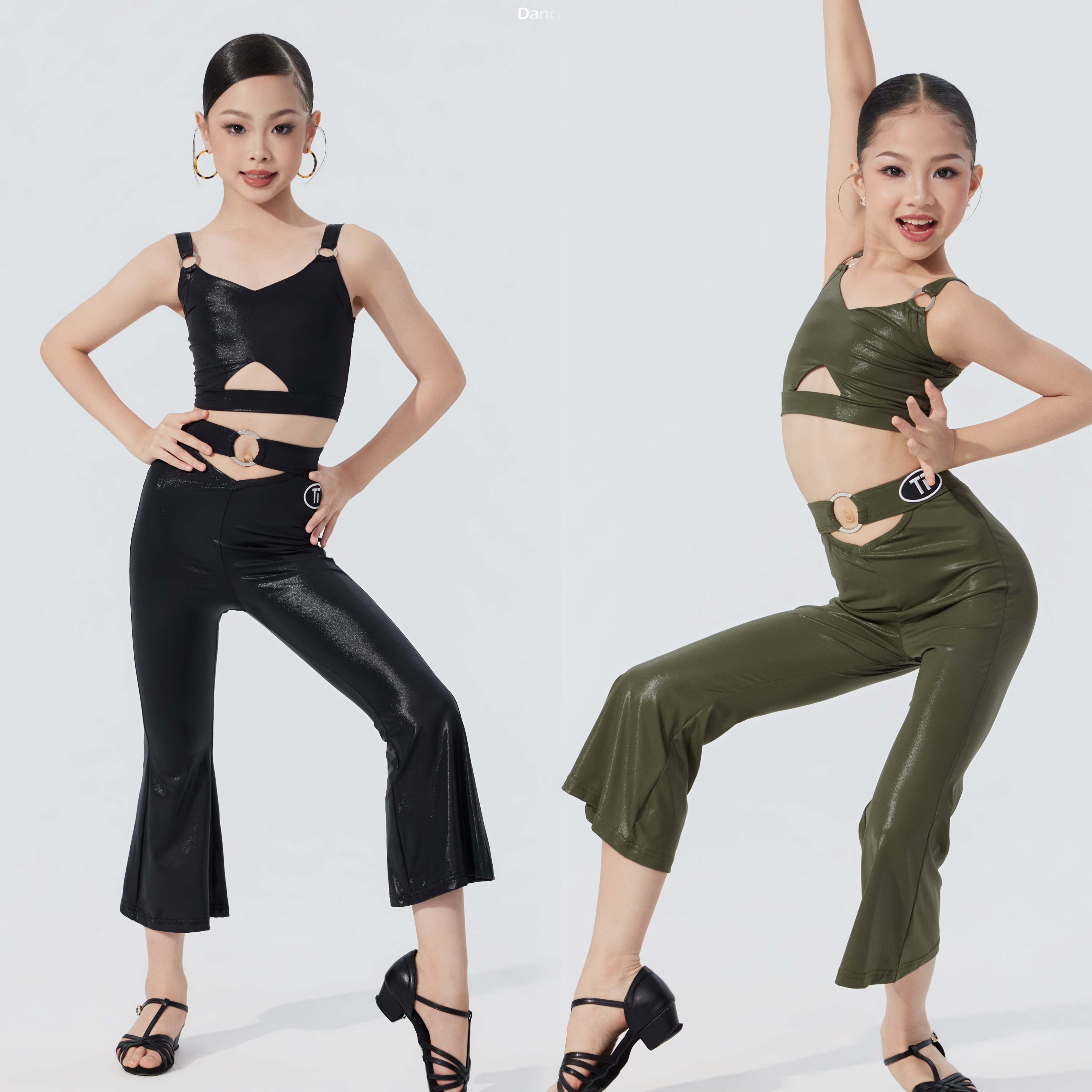 TT舞服少儿拉丁舞春夏女童爽肤圆环扣吊带裤子套装喇叭裤露腰