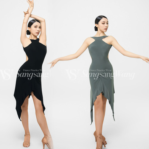 sswang拉丁舞女士桑老师大漏背飘逸连衣裙挂脖套装女童跳舞练习服