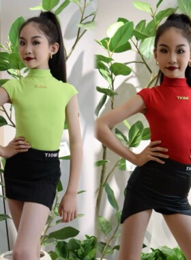 Tiomi舞服少儿春夏螺纹绿色坎袖显白上衣百搭练习服基础款打底衣