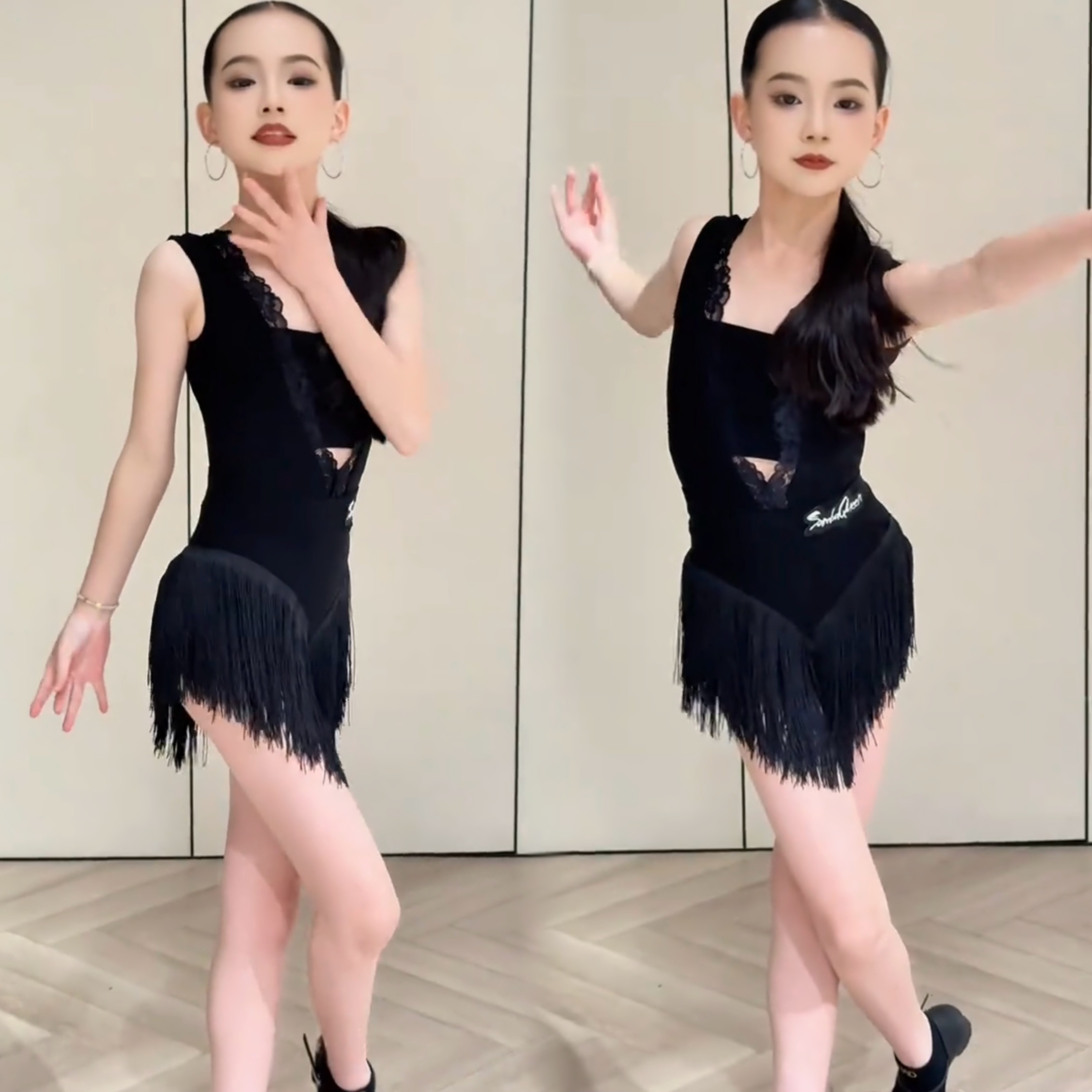 SQ舞服少儿拉丁舞质感蕾丝挂肩露背春夏流苏练习服女童跳舞精英