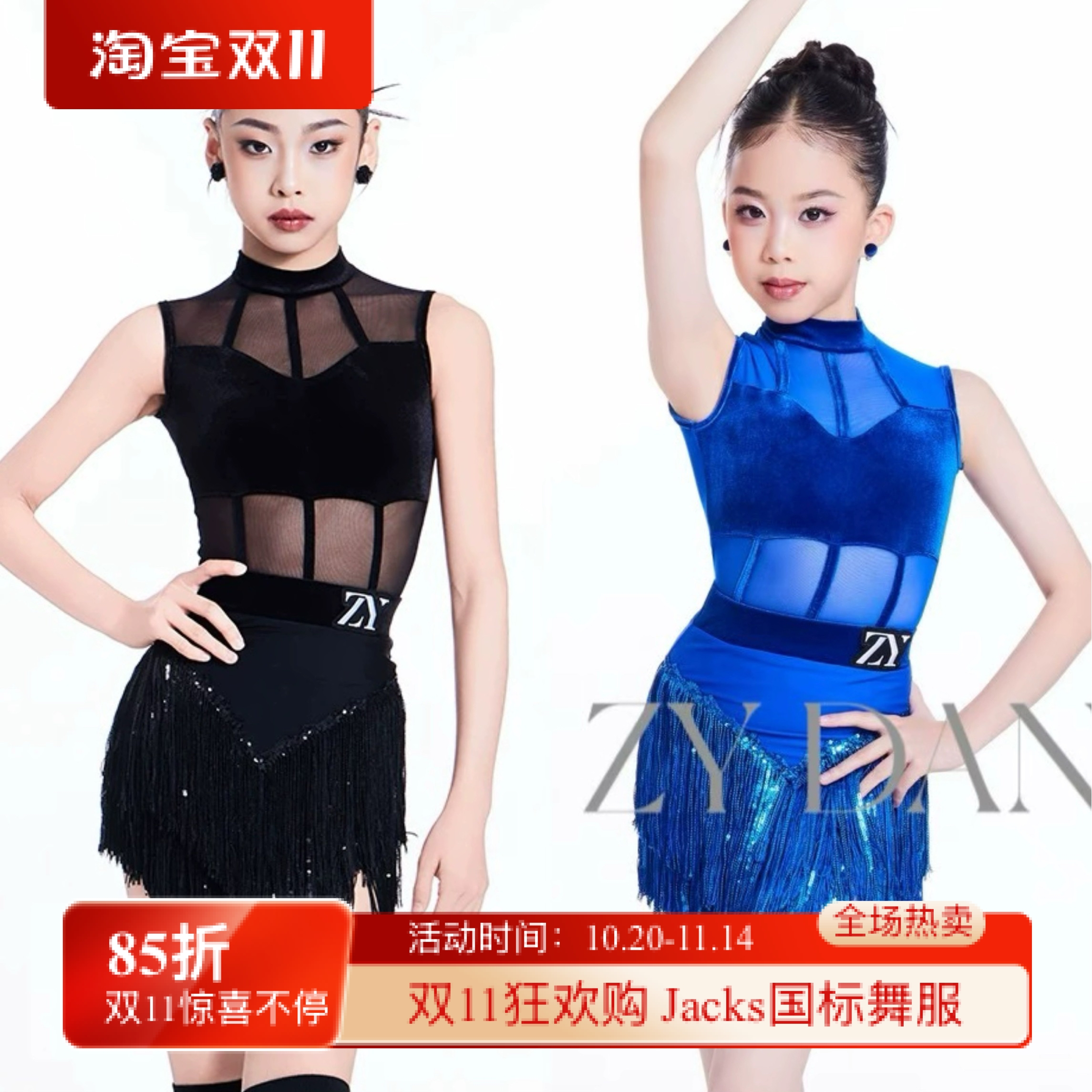 ZY舞服少儿拉丁舞春夏网纱拼接丝绒流苏亮片跳舞练习服恰恰表演