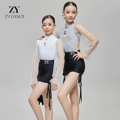 ZYdance秋冬新款网纱拉丁舞服女童表演练功服专业长袖珍珠纱舞服