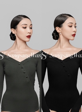 sswang舞服拉丁舞女士桑老师螺纹一字肩纽扣上衣教师服百搭秋冬