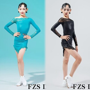 FZS舞服少儿拉丁舞2025秋冬悠悠女蕾丝斜肩拼接爽肤皮练习服女童