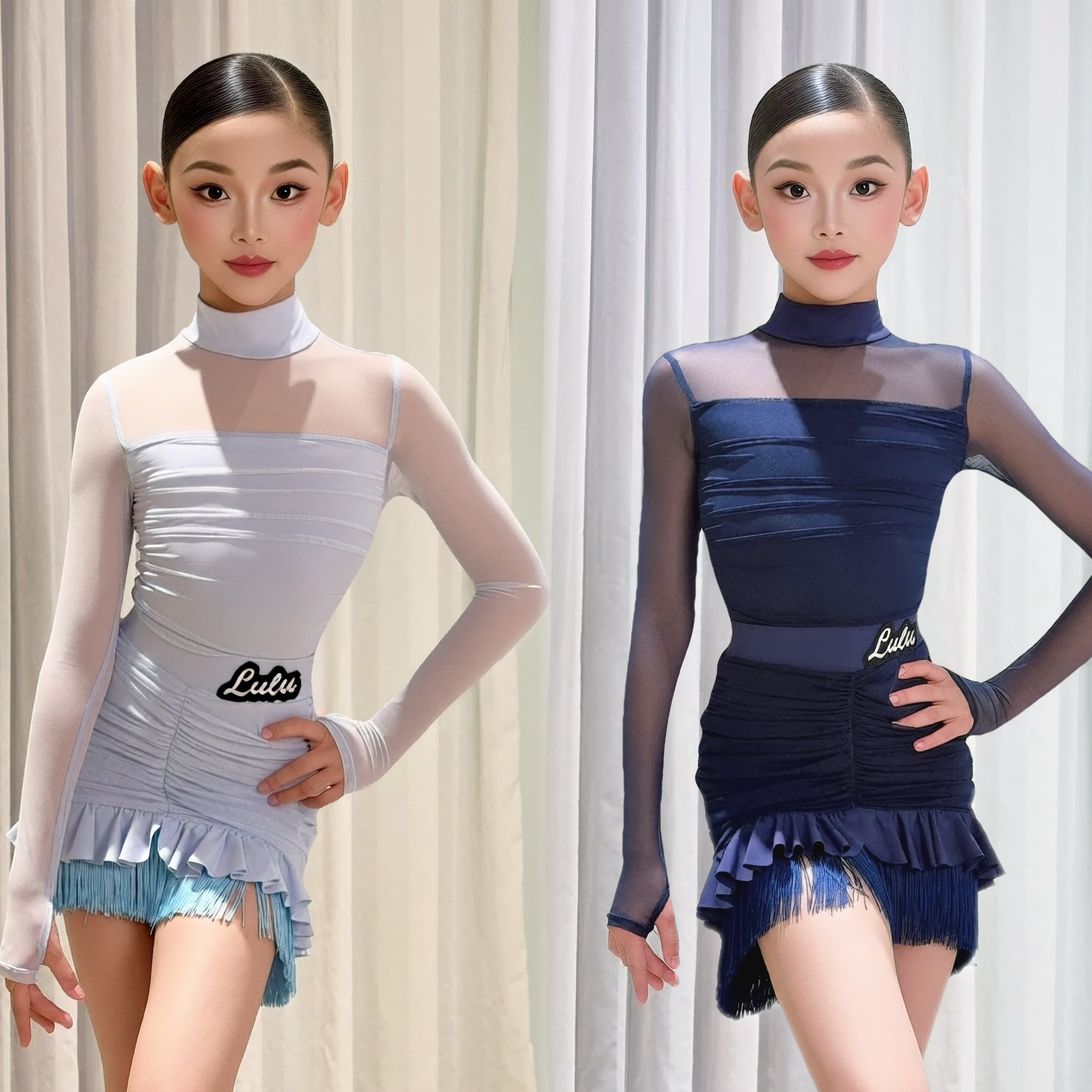 Lulu舞服少儿拉丁舞秋冬网纱长袖高领褶皱流苏包臀练习服女童跳舞