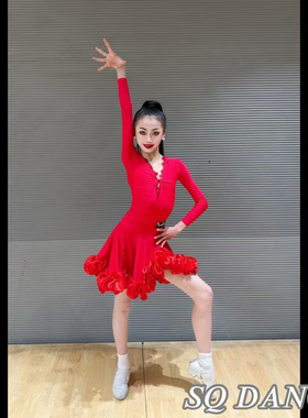 SQ舞服少儿拉丁舞秋冬红色大摆练习服春节演出练习服女童跳舞