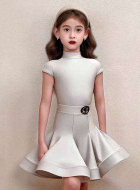 CD卡门少儿拉丁舞比赛服银狐氨纶包肩儿童拉丁舞专业规定服跳舞