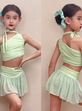 Top舞服少儿拉丁舞春夏可爱绿色清新挂脖斜肩分体练习服跳舞