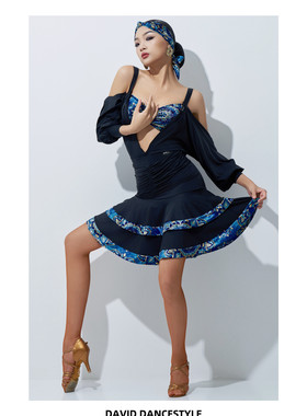 David舞服拉丁舞女士秋冬长袖民族风蓝色吊带包臀大摆练习服跳舞
