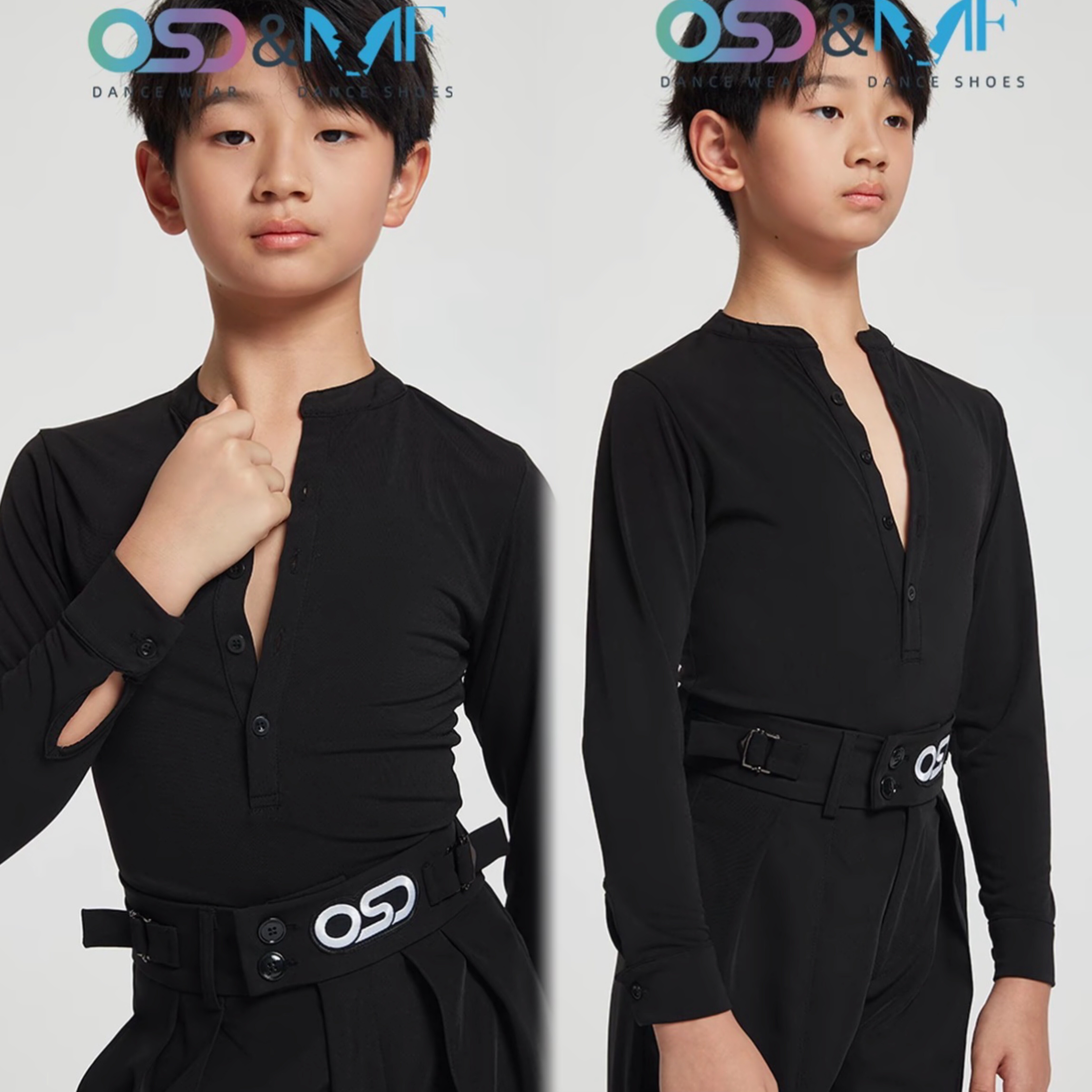 OSD舞服少儿拉丁舞男生秋冬v领纽扣T恤长袖练习服百搭集训男童