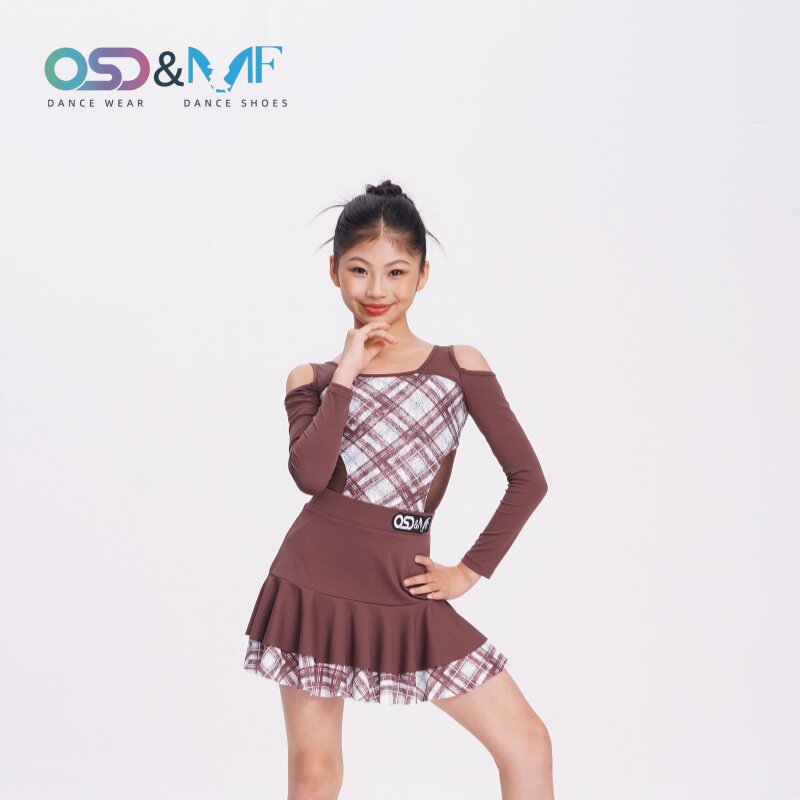 OSD舞服少儿拉丁舞服秋冬林意涵女童长袖练功服格子撞色舞蹈服