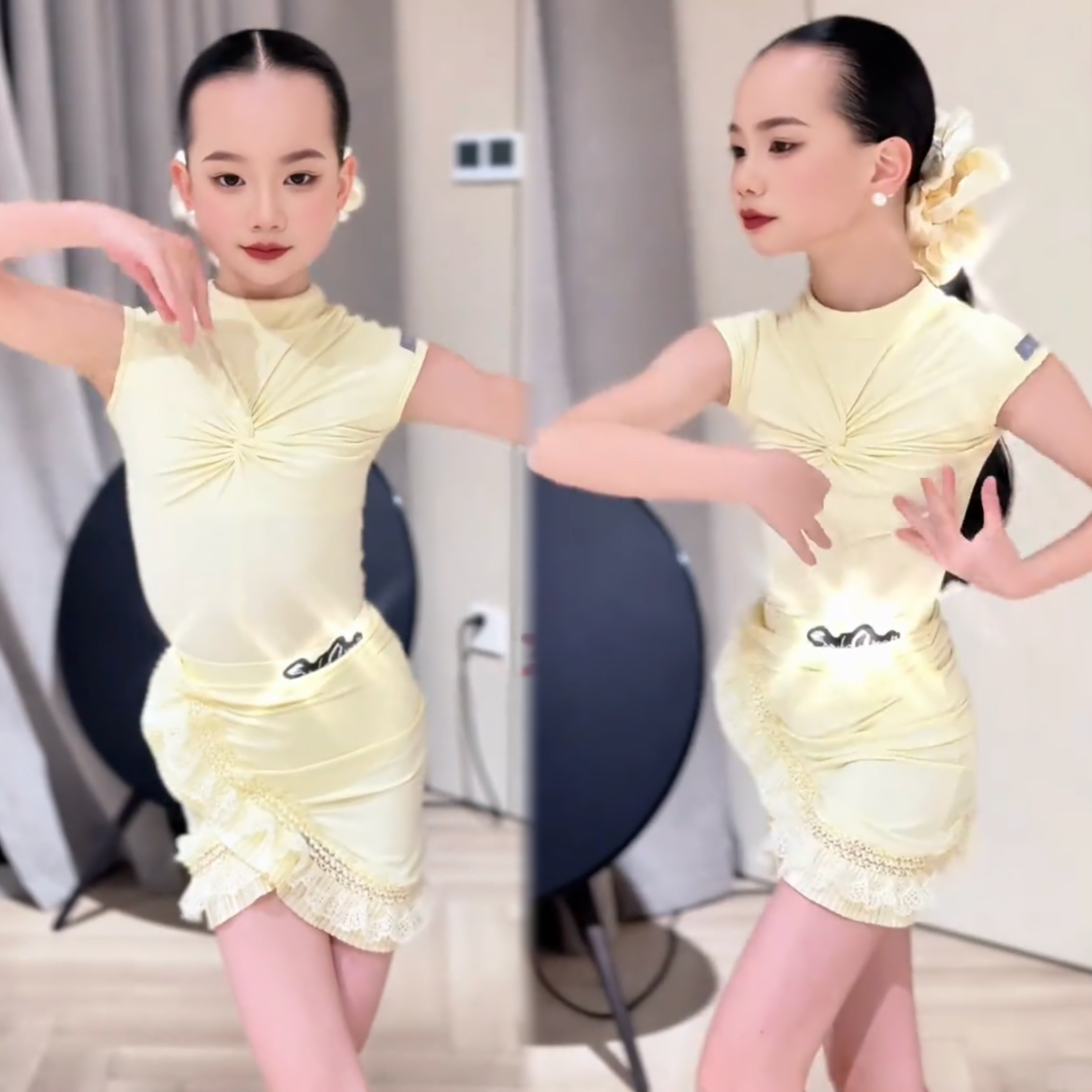 SQ舞服少儿拉丁舞奶黄色春夏无袖花边包臀设计练习服女童跳舞