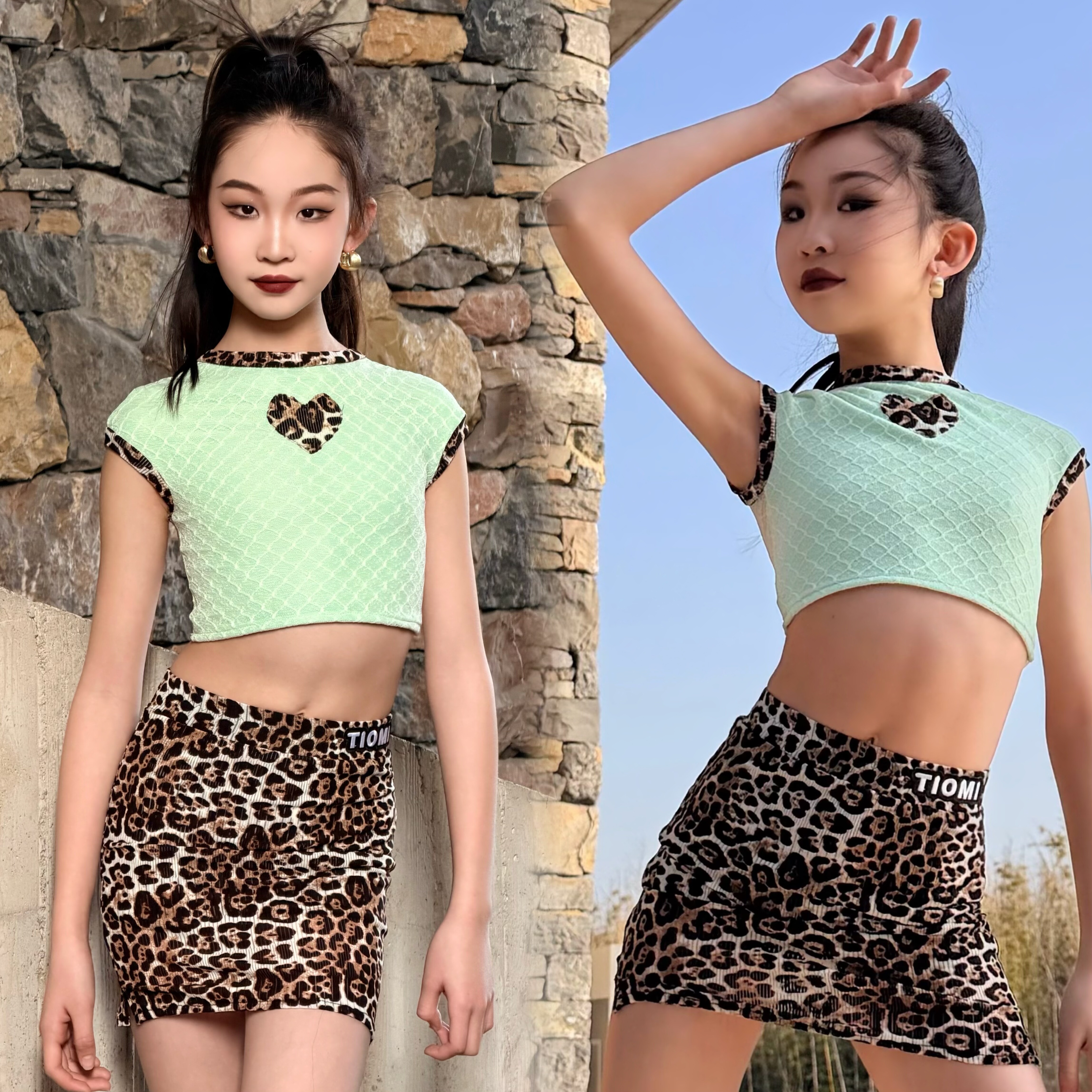 Tiomi舞服风帆舞服少儿拉丁舞春夏爱心绿色豹纹分体套装跳舞女童