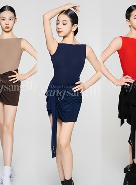 sswang舞服少儿拉丁舞细螺纹一字领无袖绑带百搭短裙练习服跳舞
