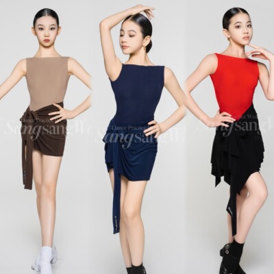 sswang舞服少儿拉丁舞细螺纹一字领无袖绑带百搭短裙练习服跳舞