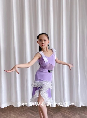 丹斯舞之美少儿拉丁舞可爱蕾丝边紫色吊带蝴蝶结练习服伦巴恰女童