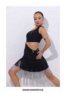 David舞服拉丁舞女士流苏露腰斜肩春夏练习服恰恰伦巴连衣裙