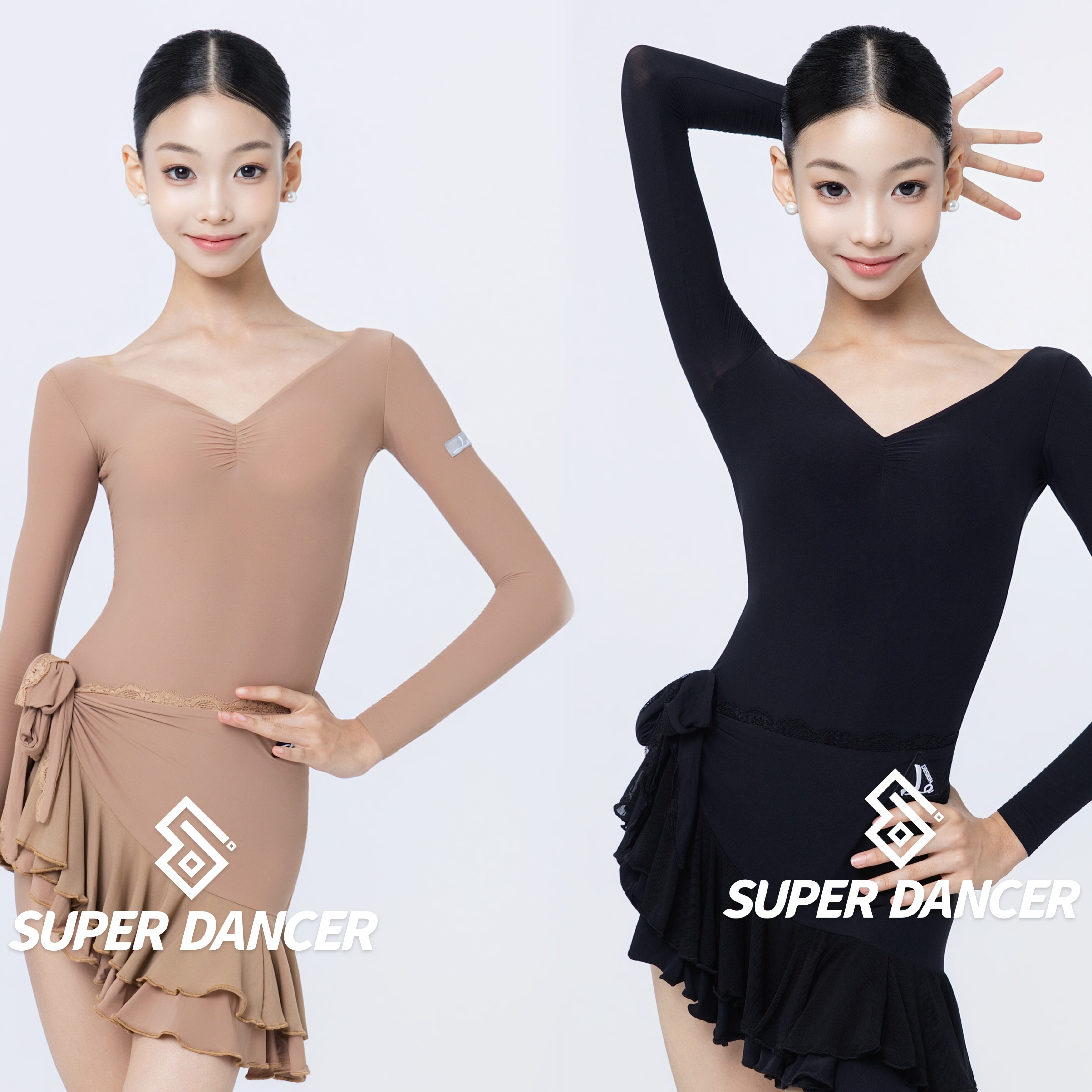 Level舞服少儿拉丁舞秋冬肌底轻肤长袖分体练习服精英女童裸色