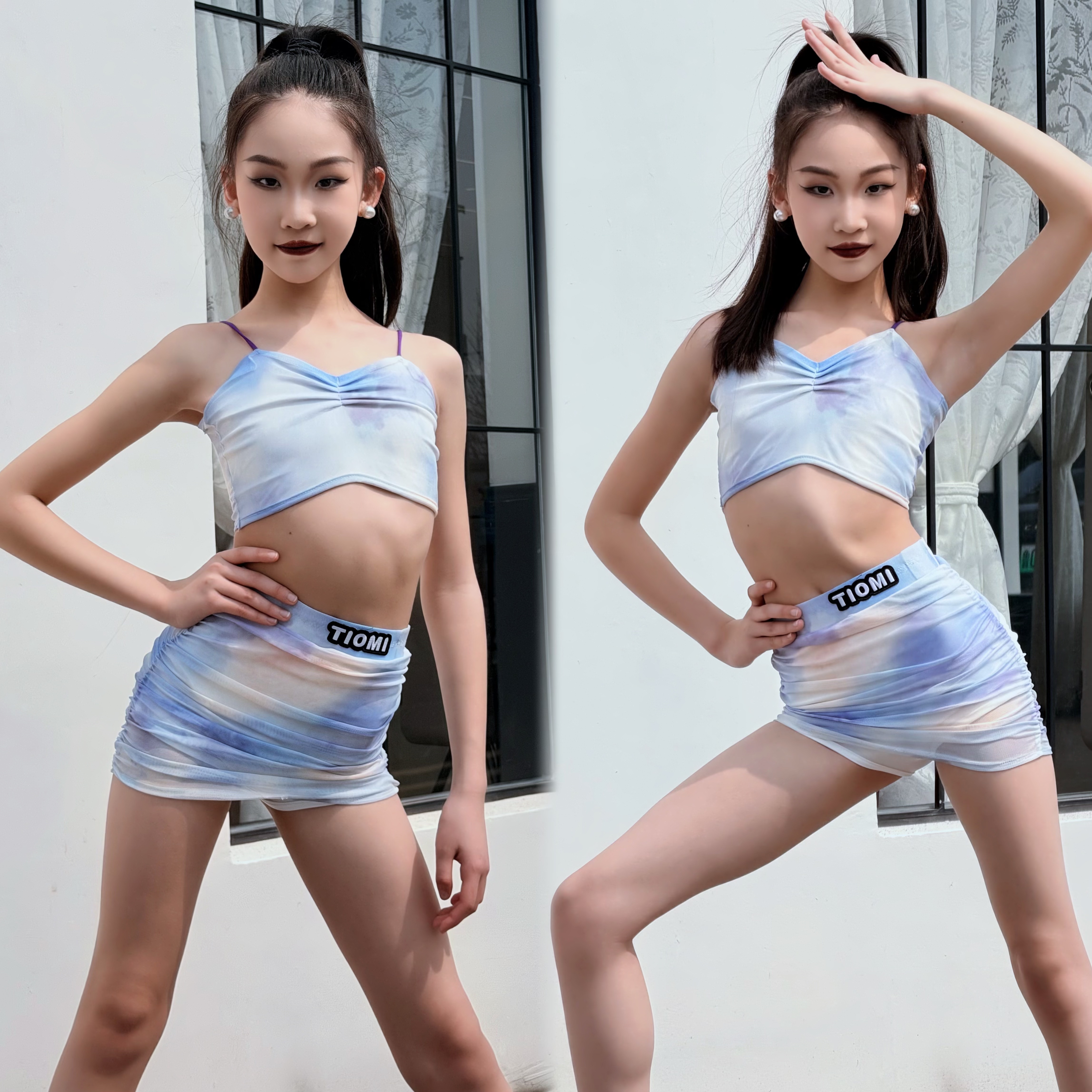 Tiomi舞服风帆少儿拉丁舞服蓝色晕染春夏分体练习服跳舞吊带女童
