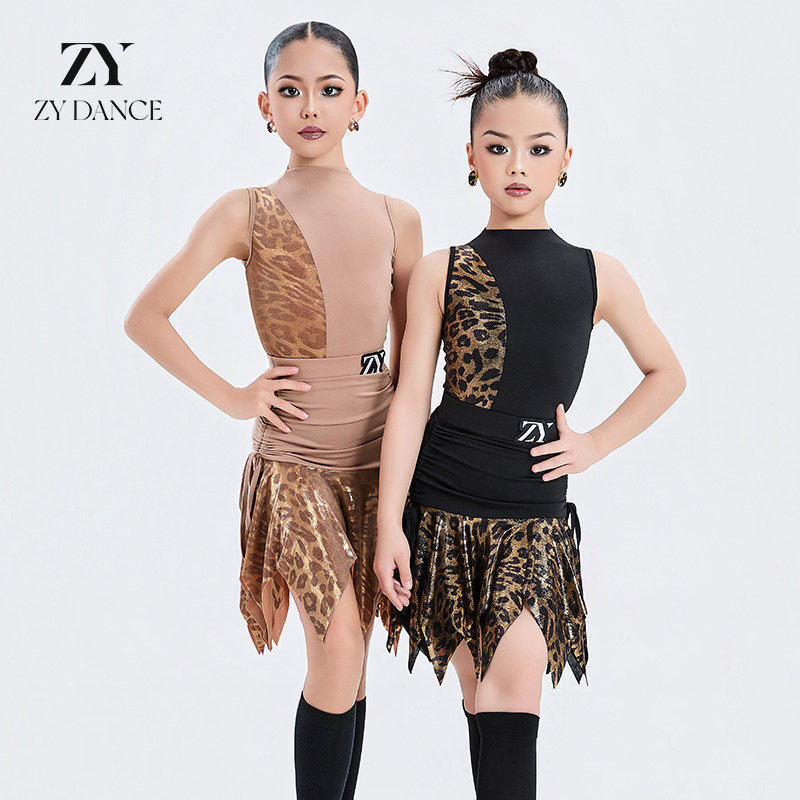 ZY舞服少儿拉丁舞服春夏女童豹纹拼接无袖练功服不对称裙摆套装