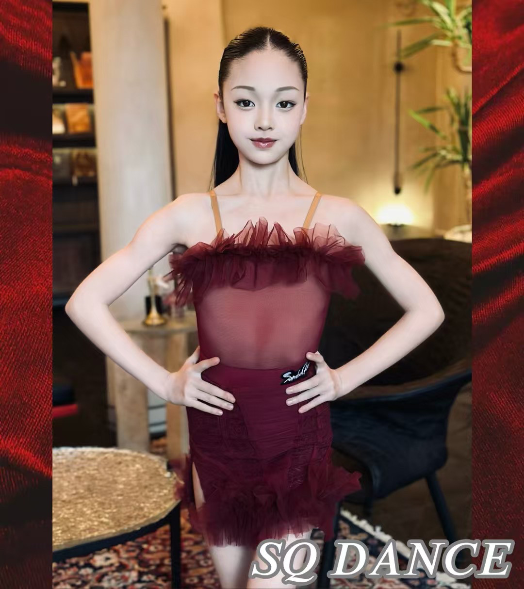 SQ舞服少儿拉丁舞2025春夏红色蕾丝花边吊带套装练习服女童跳舞