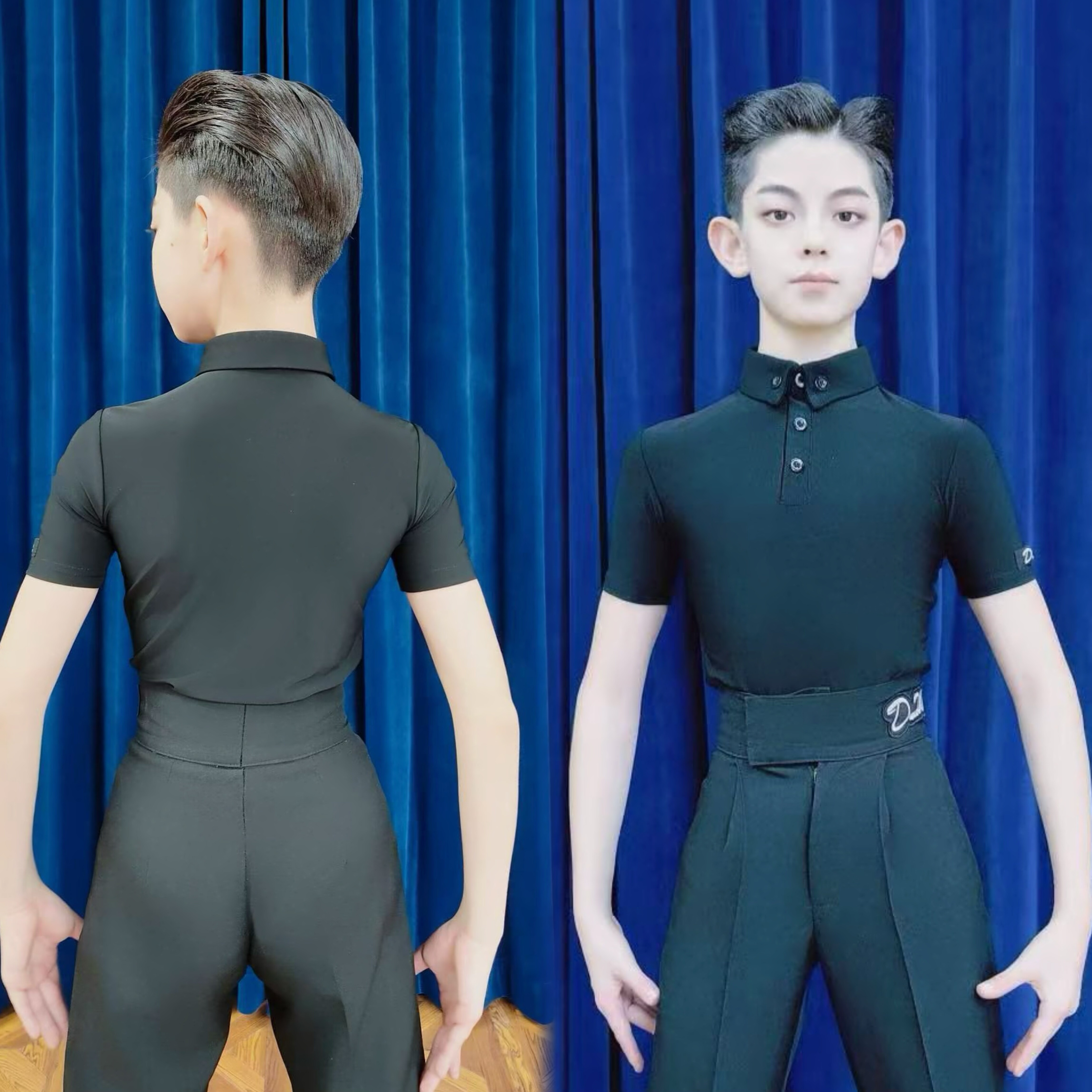 丹斯舞之美少儿拉丁舞男童摩登拉丁纽扣polo衫短袖模塑贴男裤跳舞