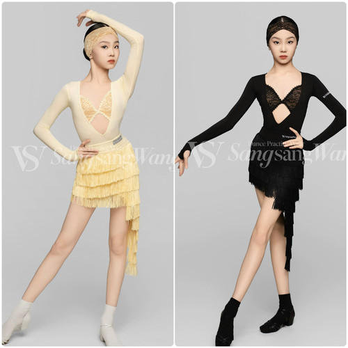 sswang舞服少儿拉丁舞深V类似拼接不规则流苏斜裙练习服女童跳舞