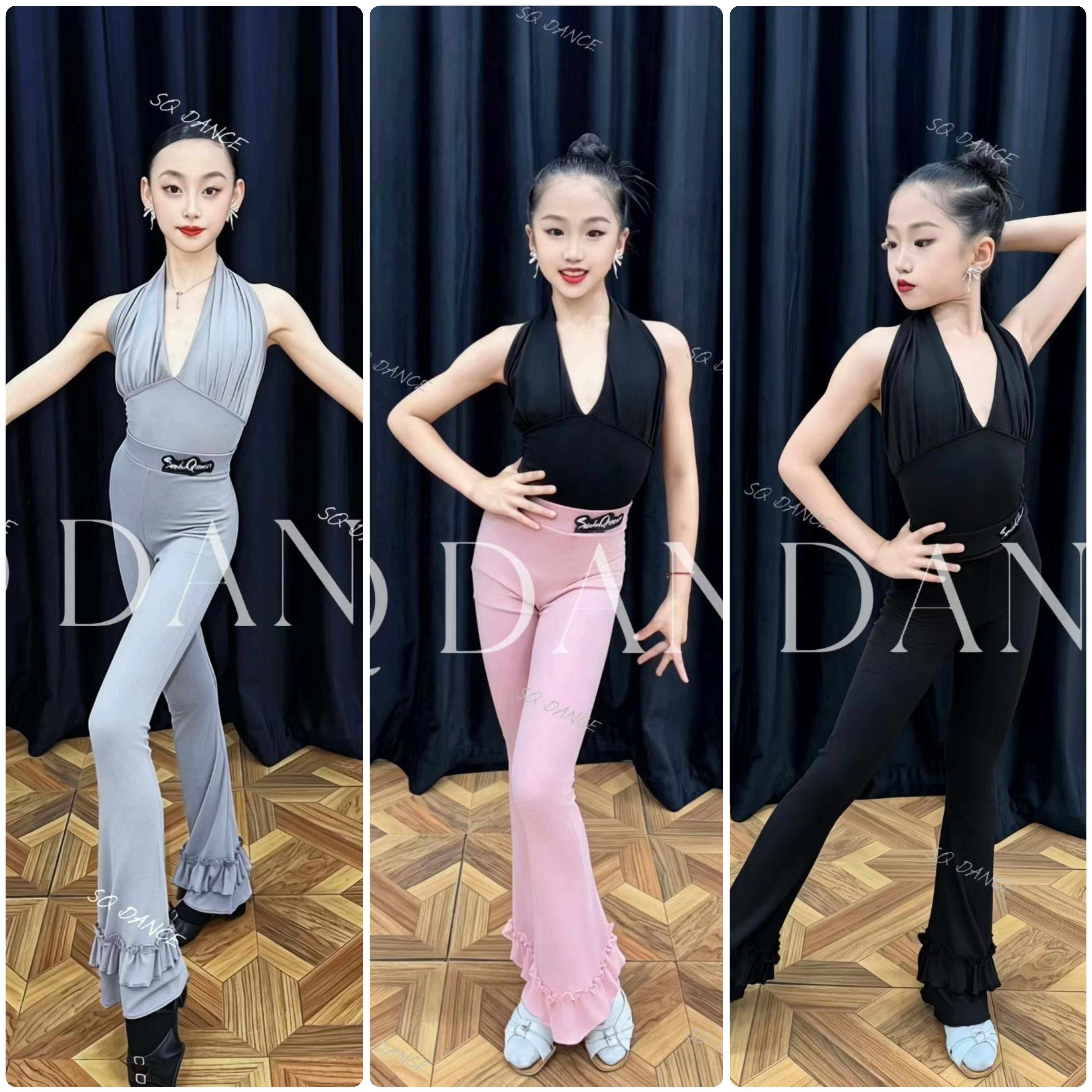 SQ舞服少儿拉丁舞春夏挂脖褶皱喇叭花边裤子套装练习服跳舞女童