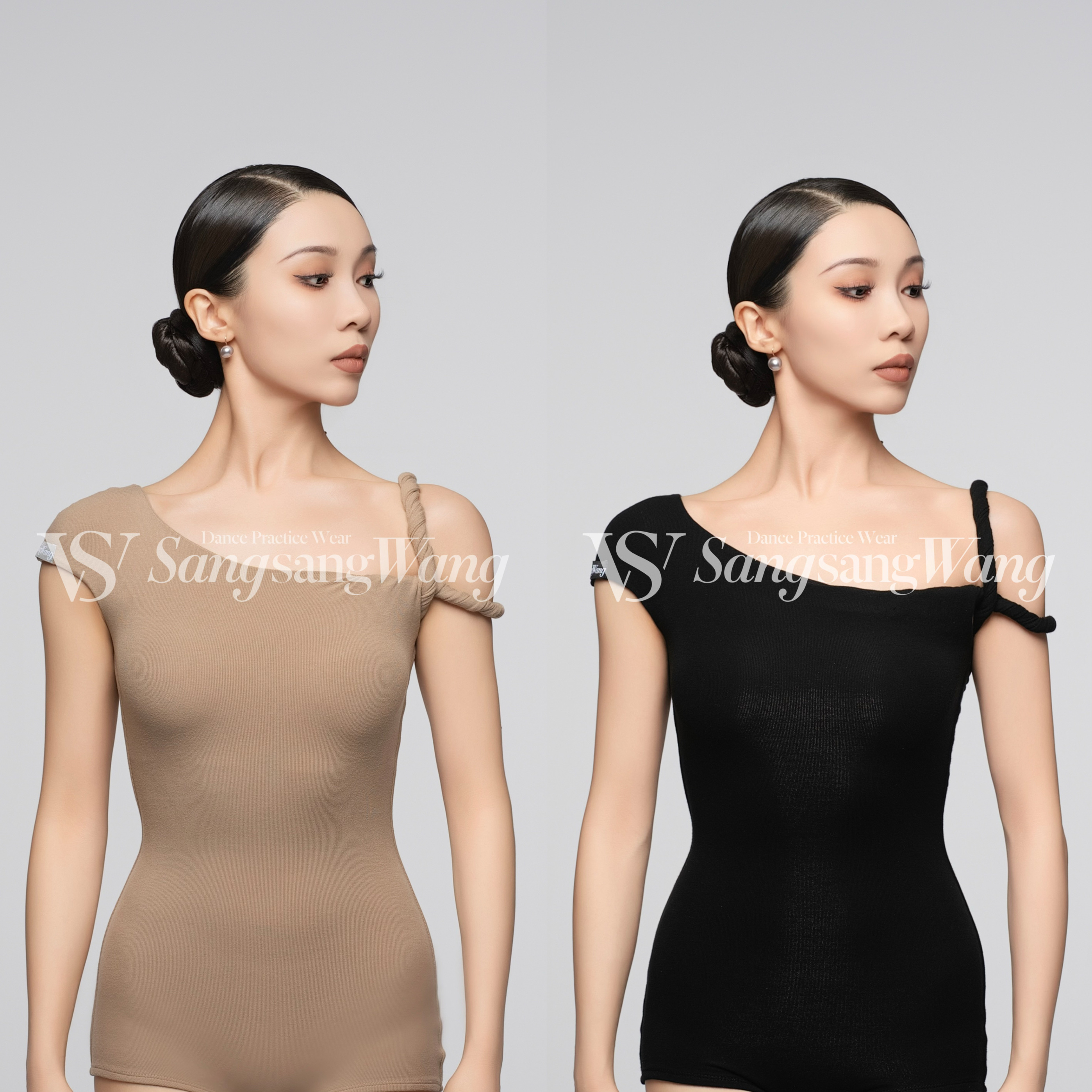 sswang女士拉丁舞教师服超细螺纹斜麻花肩带斜领百搭练习服上衣
