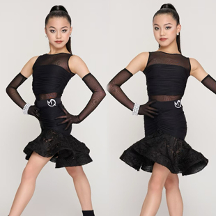 MQ苗子舞服少儿拉丁舞春夏无袖网纱包臀鱼骨大摆练习服女童跳舞