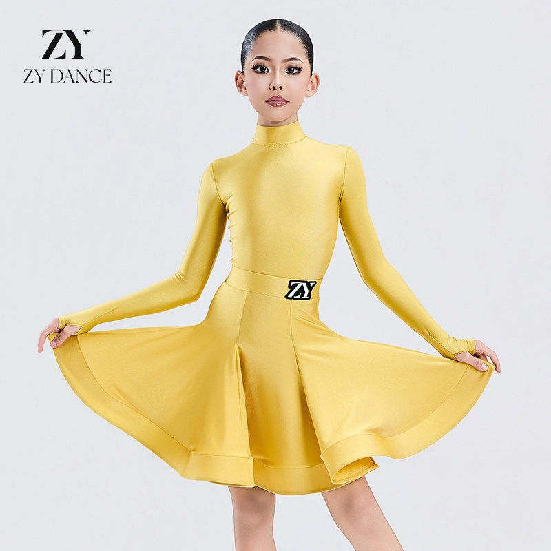 ZYDANCE儿童拉丁舞规定服高领长袖专业比赛服考级国标舞大摆裙