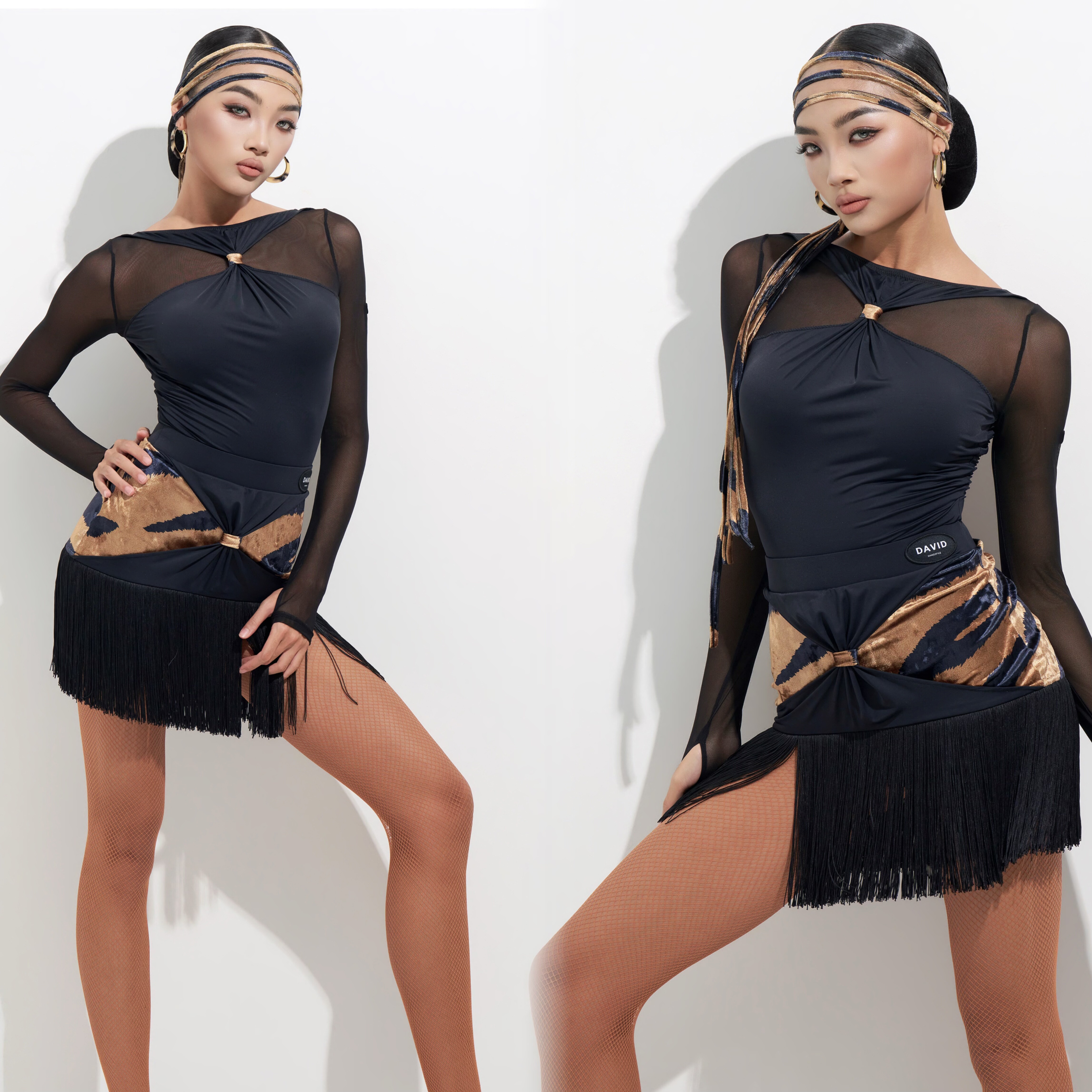 DAVID女士拉丁舞网纱拼接长袖后背绑带练习服豹纹拼接流苏跳舞