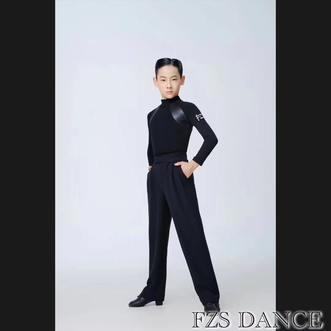 FZS少儿拉丁舞男生帅气秋冬拼接长袖上衣高领练习服男童表演专业