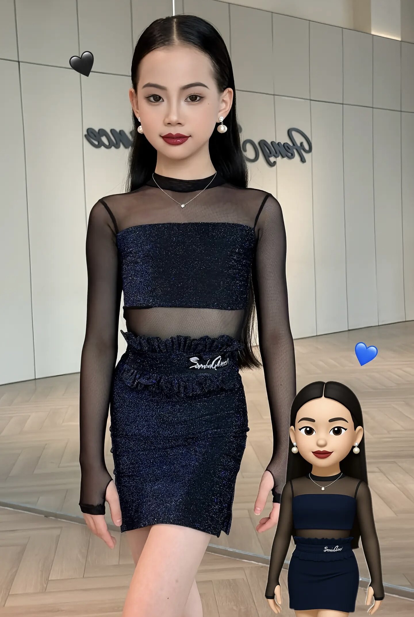 SQ舞服少儿拉丁舞秋冬网纱包臀细闪分体套装长袖练习服跳舞班服