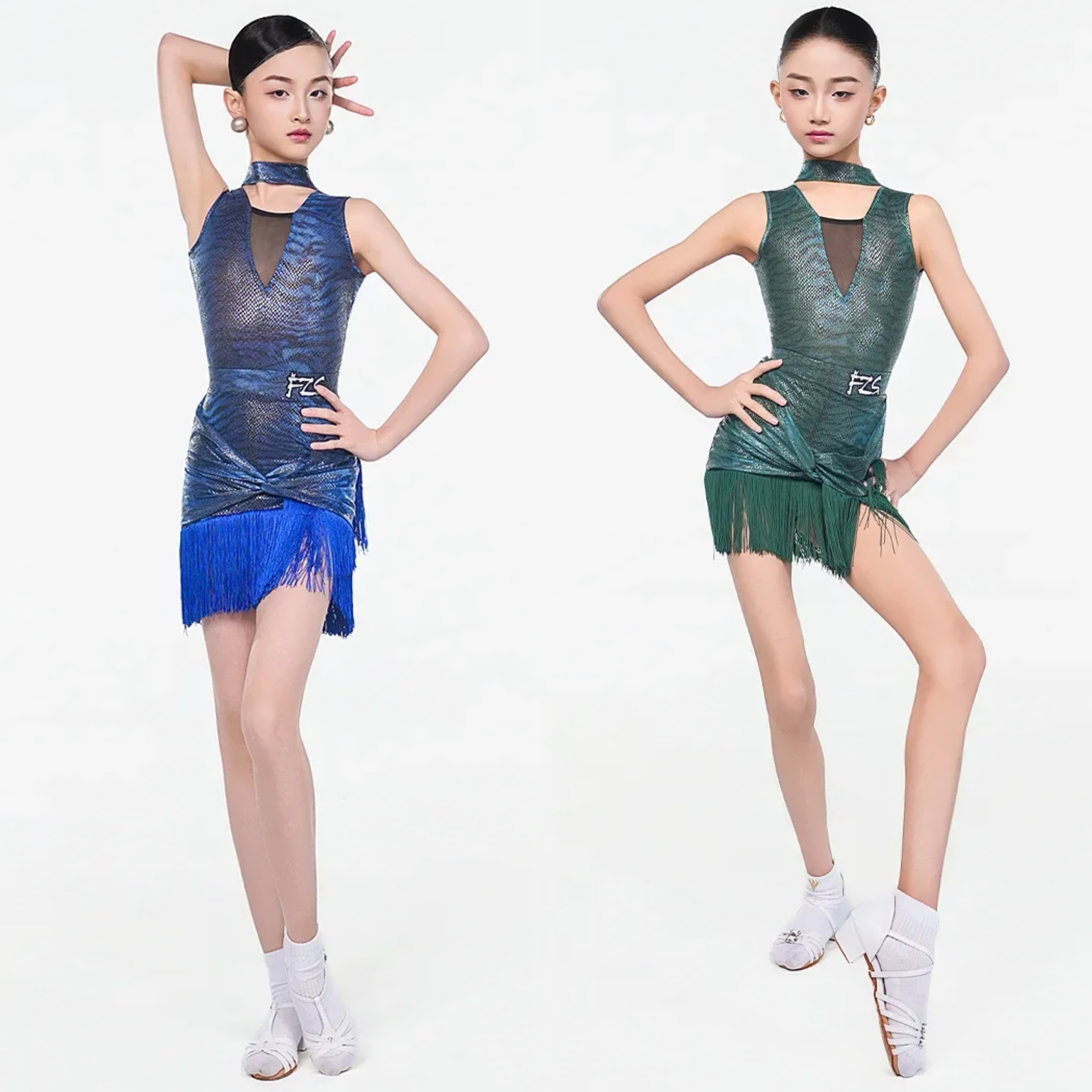 FZS舞服少儿拉丁舞2026夏季新款女斑纹网纱流苏套装 女童跳舞