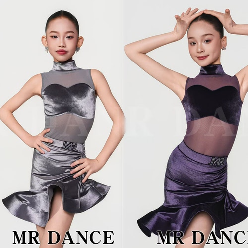 MR舞服FZS舞服少儿拉丁舞春夏亮面绒拼接网纱鱼骨裙练功服跳舞