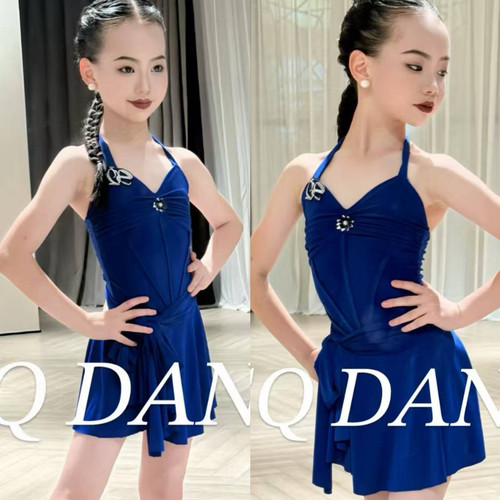 SQ舞服少儿拉丁舞夏季精致蓝色挂脖绑带美背练习服女童跳舞班服
