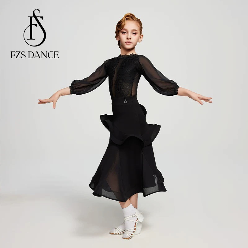 FZS DANCE 2025拉丁舞摩登女童款后v领长袖长裙套装黑色