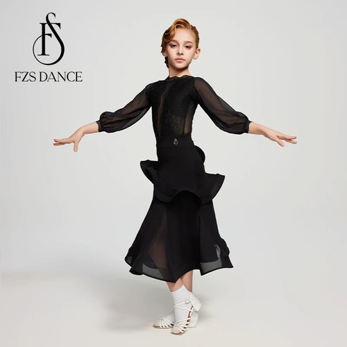 FZS DANCE 2025拉丁舞摩登女童款后v领长袖长裙套装黑色