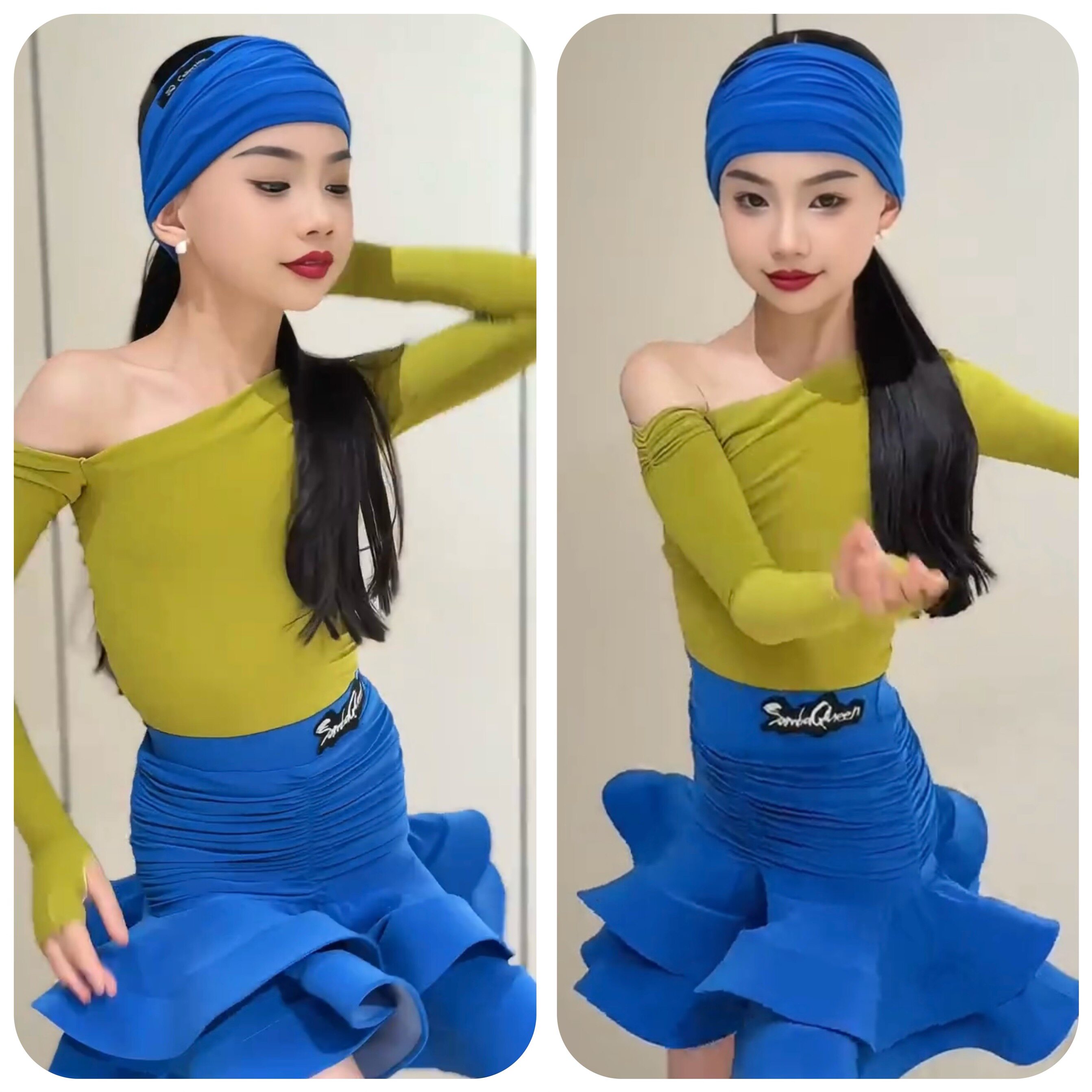 SQ舞服少儿拉丁舞秋冬新品长袖发带拼色鱼骨练习服跳舞女童演出