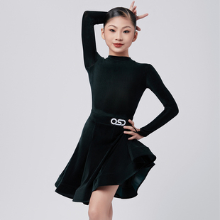 OSD少儿拉丁舞服女童比赛规定服薄丝绒长袖后V领林意涵同款舞蹈服