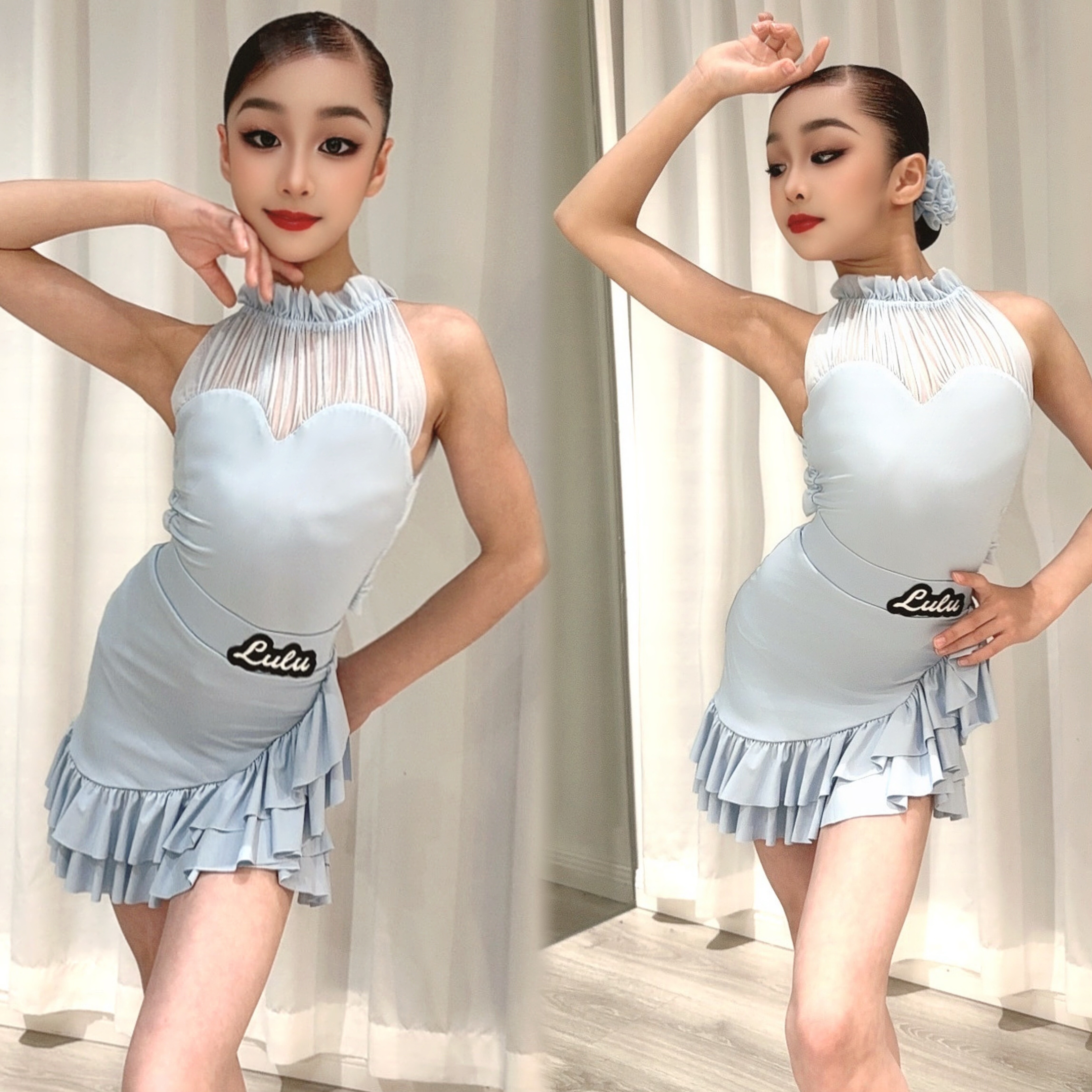 LULU舞服少儿拉丁舞2026春夏网纱拼接挂脖露腰荷叶边裙摆练习服