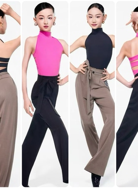 FZS舞服少儿拉丁舞春夏玫粉色无袖镂空百搭小背心绑带裤练习服