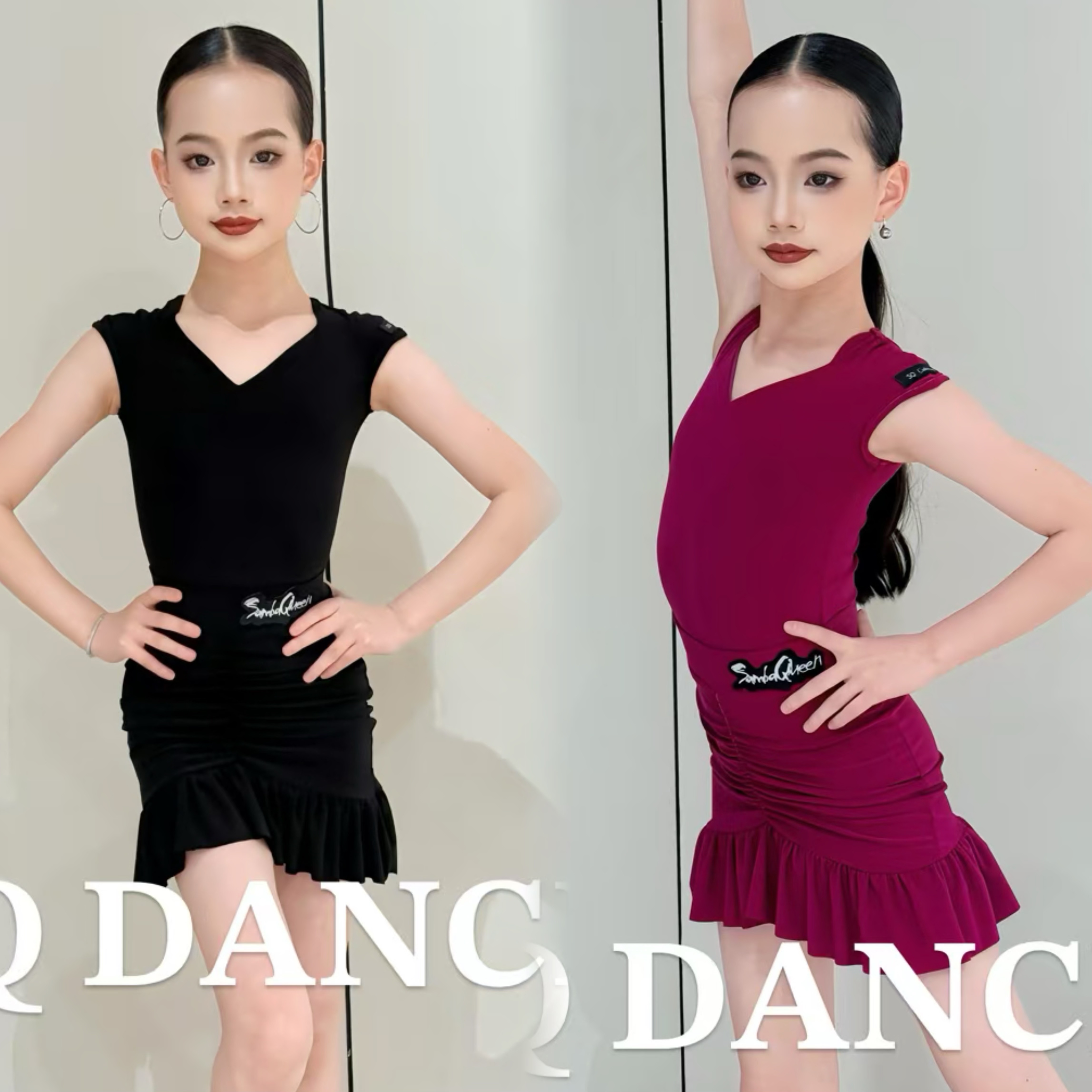 SQ舞服少儿拉丁舞春夏无袖车厘子色桃心领包臀分体练习服女童跳舞