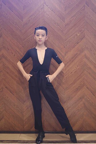 sswang舞服拉丁舞男童高领男生恰恰高领中袖宽松抽带裤休闲练功服