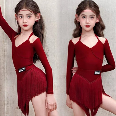 2025新款卓艺拉丁舞服女童冬季红色长袖吊带流苏裙练习服套装