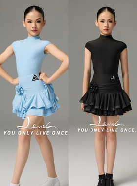 Level舞服少儿拉丁舞无袖坎肩蓝色精英跳舞蛋糕花朵多层摆练习服