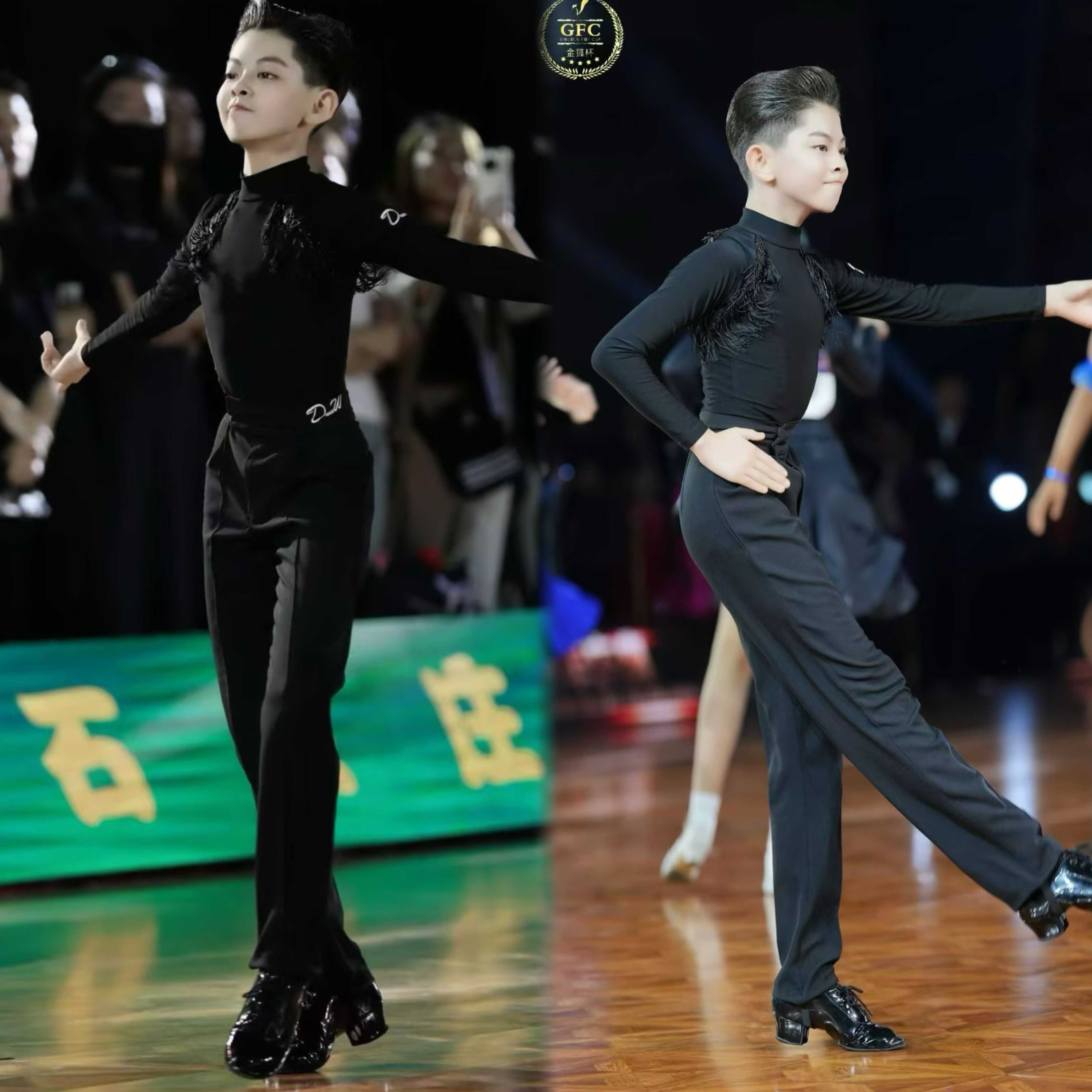 丹斯舞之美少儿拉丁舞男士长袖花服高级定制流苏上衣高领练习服