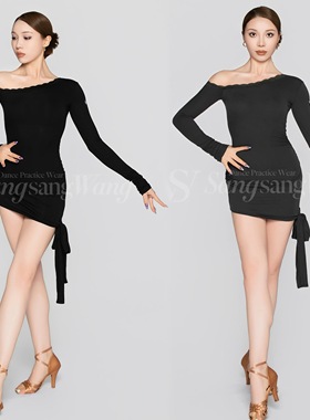 sswang舞服女士拉丁舞桑老师秋冬细螺纹蕾丝边褶皱连衣裙练习服